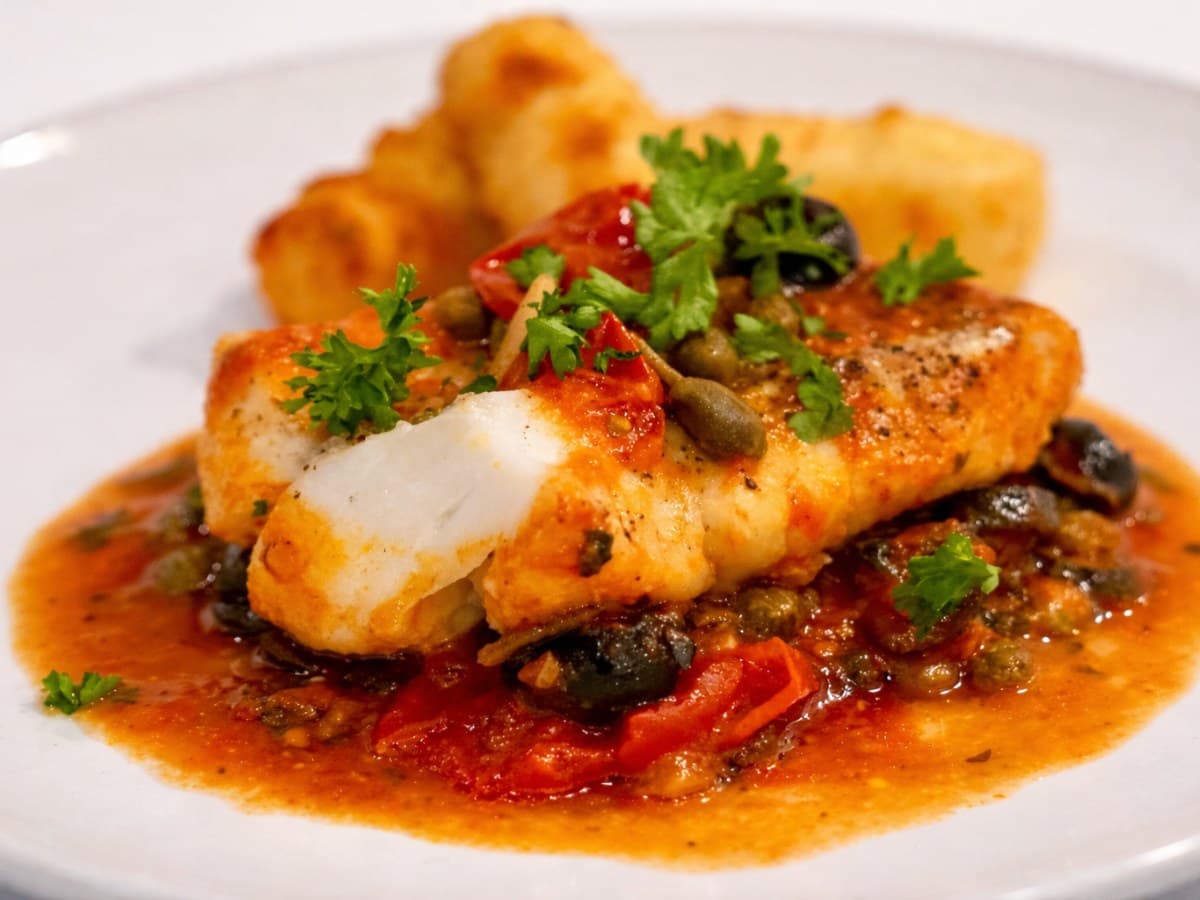 Kabeljauw gegaard in Italiaanse tomatensaus